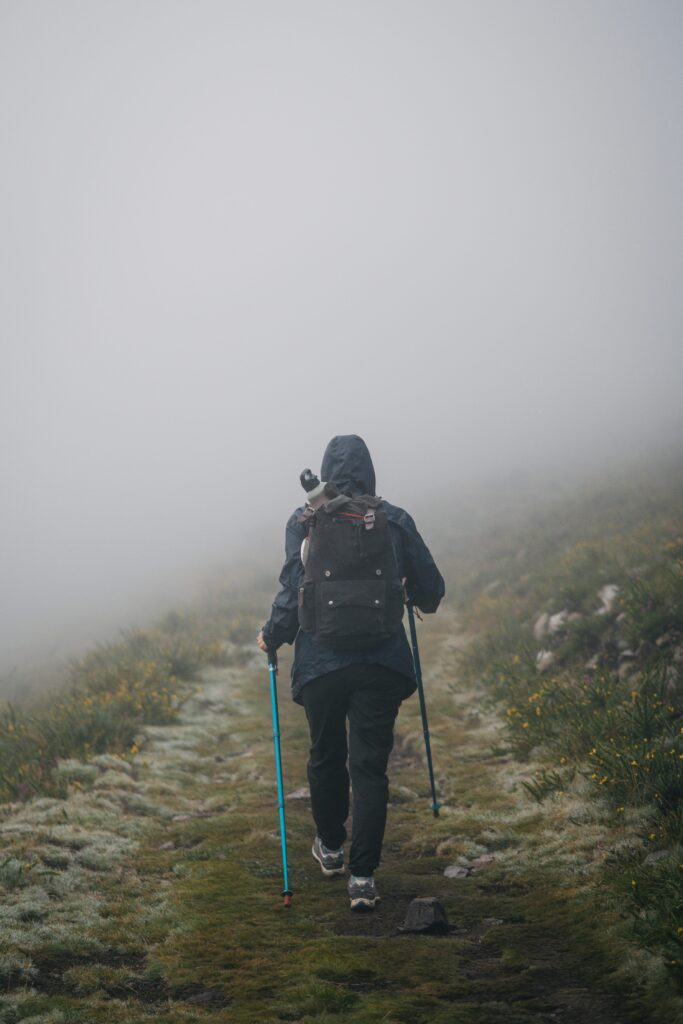 A person walking up a foggy hill, symbolizing the quiet grind of starting over.